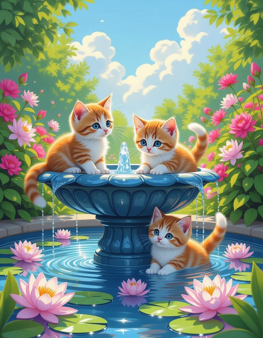 Kittens Play in Fountain, a Digital Painting