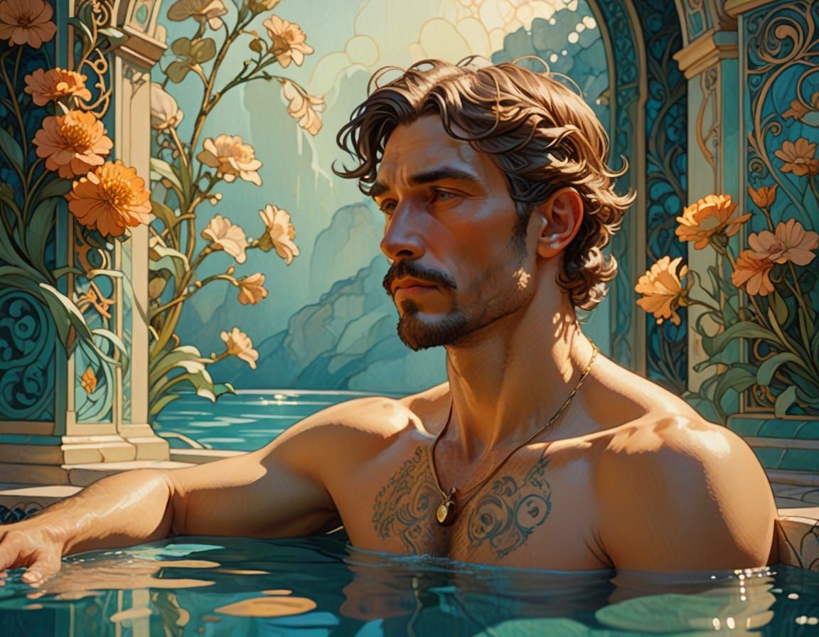 Man at Leisure in an Art Nouveau Swimming Pool Scene