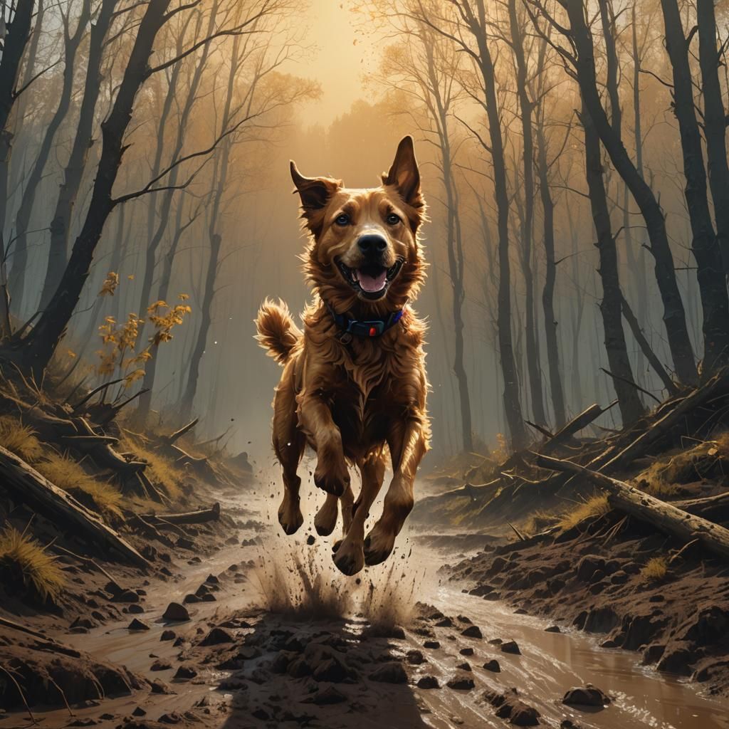 Dog Leaps on Muddy Trail: Splash Art Style