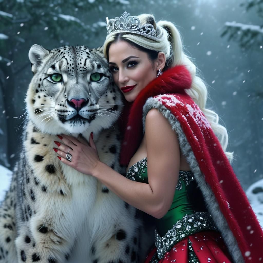 Snow Princess Hugs Leopard in Magical Forest