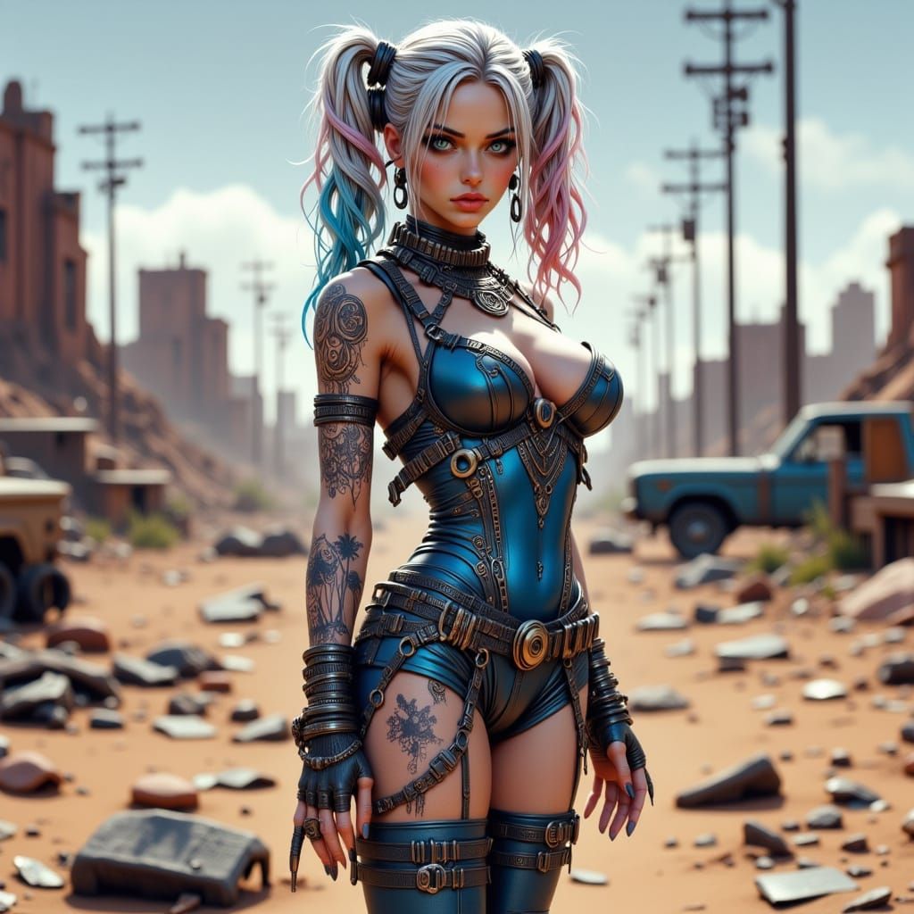 Futuristic Harley Quinn in Desert Wasteland