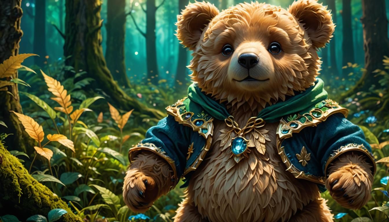 Chibi Teddy Bear in Emerald Forest, Digital Art