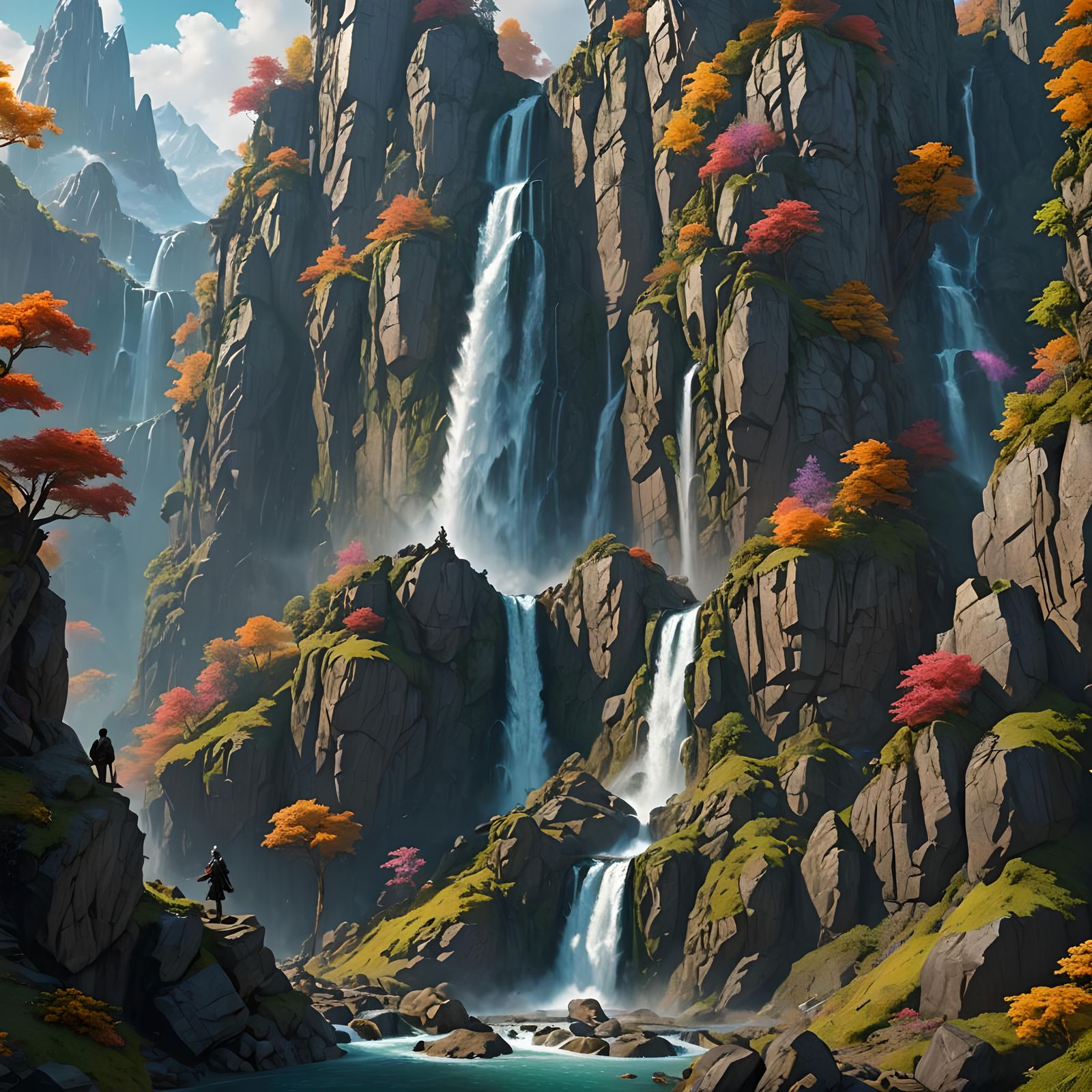 Mythical Mountain Waterfall with Wizard, Fantasy Art