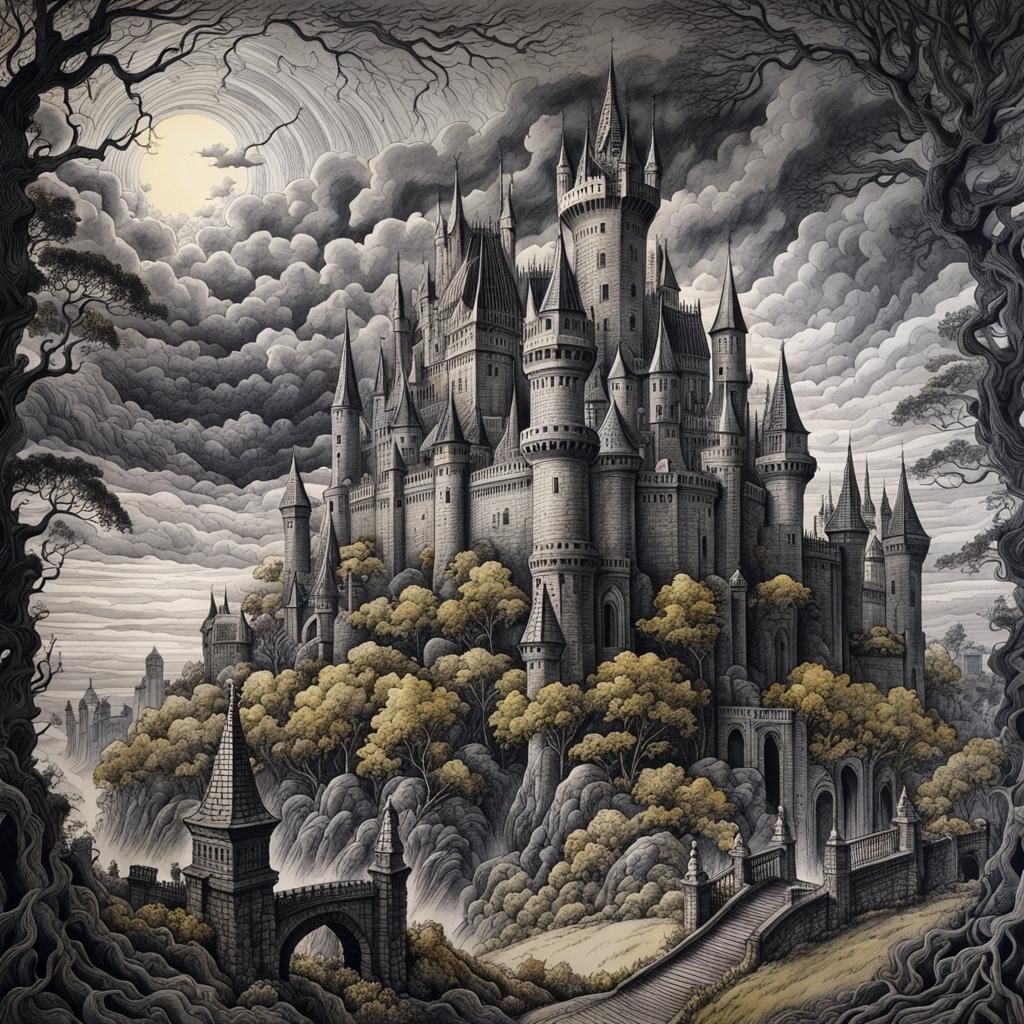 Eerie Stone Castle Ink Drawing with Storm Clouds