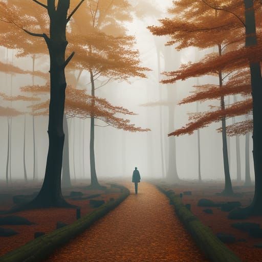 Solitary Figure in Moody Autumn Forest Oil Painting