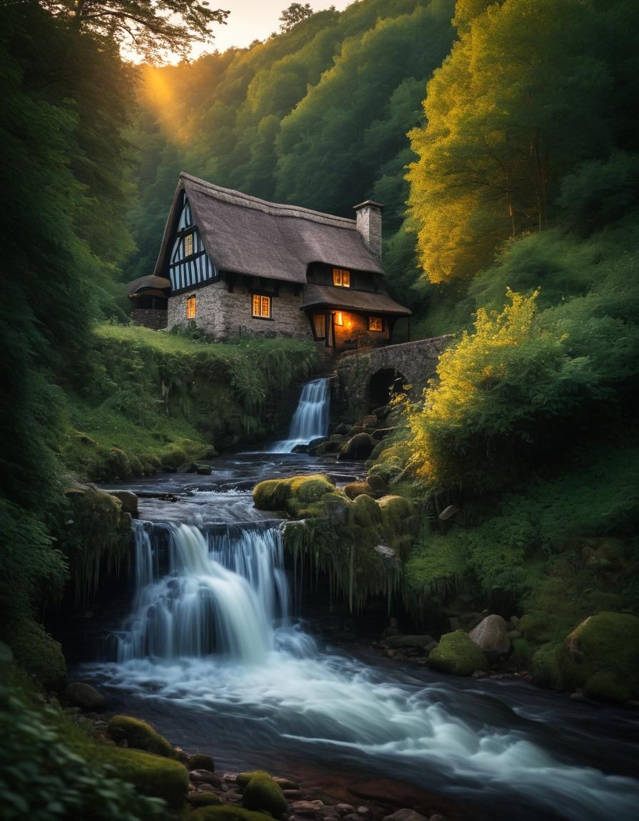Picturesque Medieval Cottage by Waterfall at Sunset