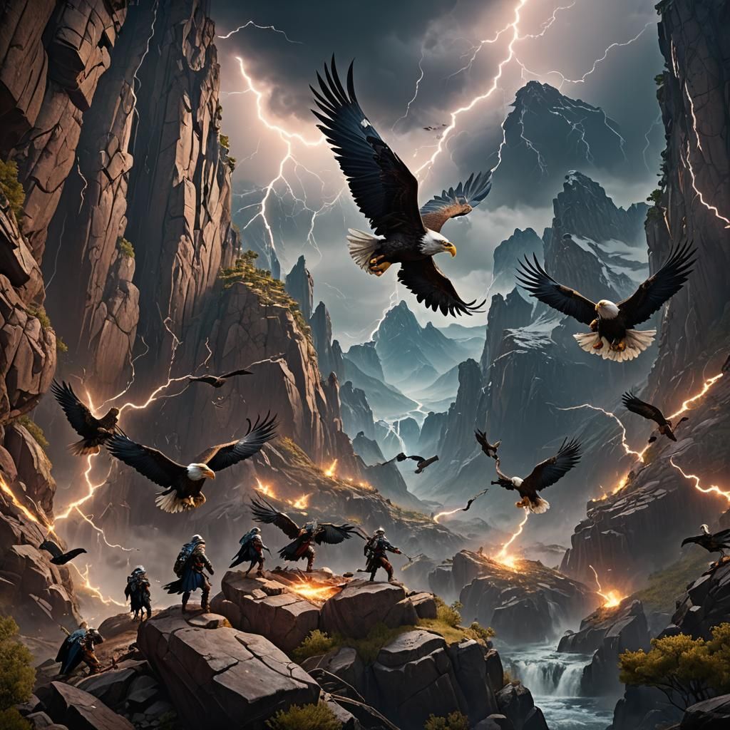 Eagles Soaring Through Lightning Mountain: Fantasy Concept A...