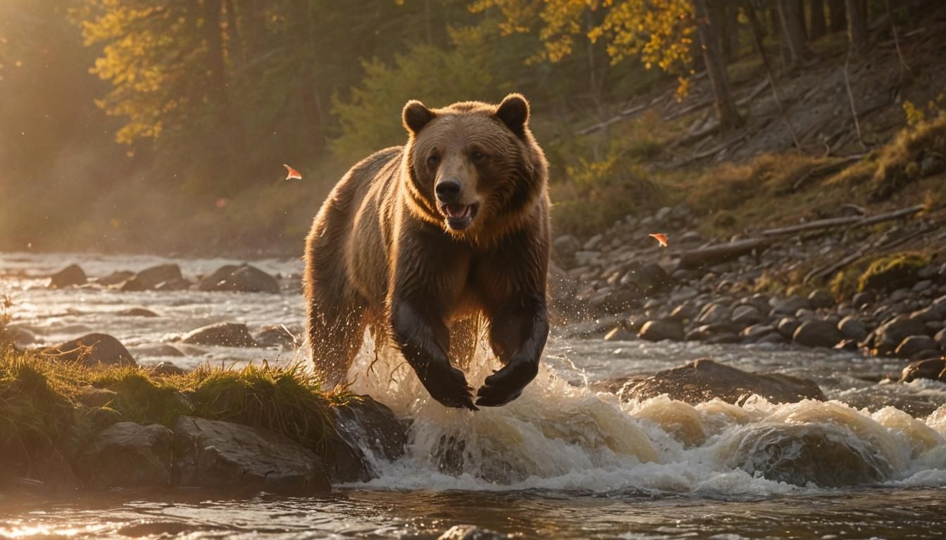 Epic Cinematic Bear Hunts Salmon at Sunset