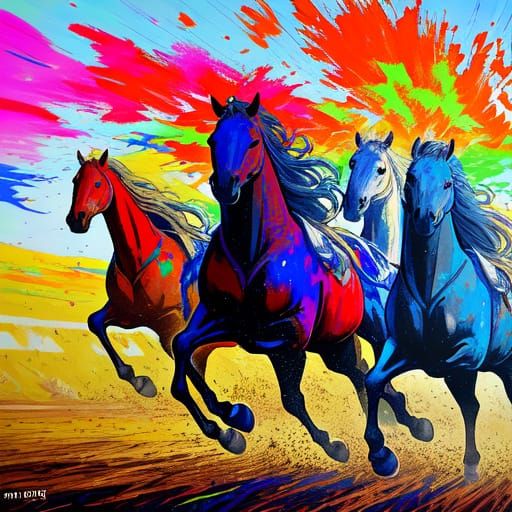 Camargue Horses Galloping: Expressionist Oil Gouache Paintin...