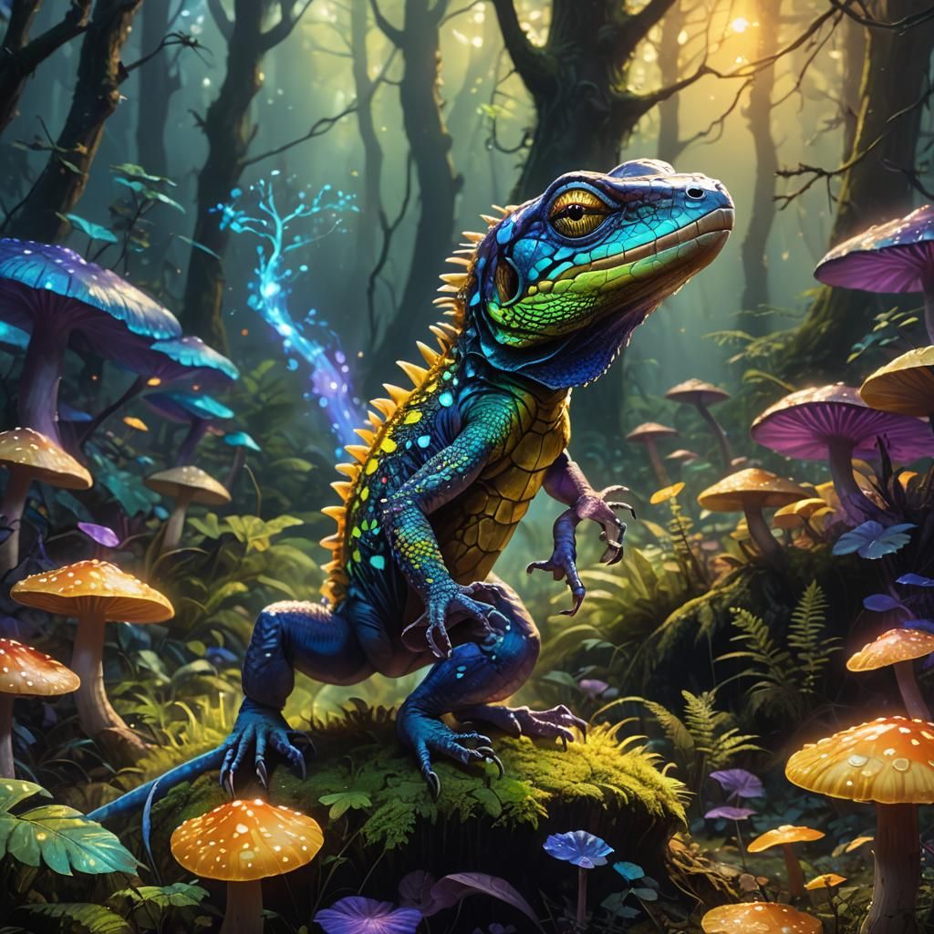 Lizard's Dance: Fantasy Art in Vibrant Forest
