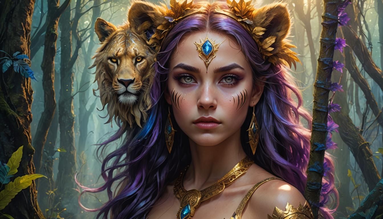 Lion Girl Portrait in Mystical Forest, Art Nouveau