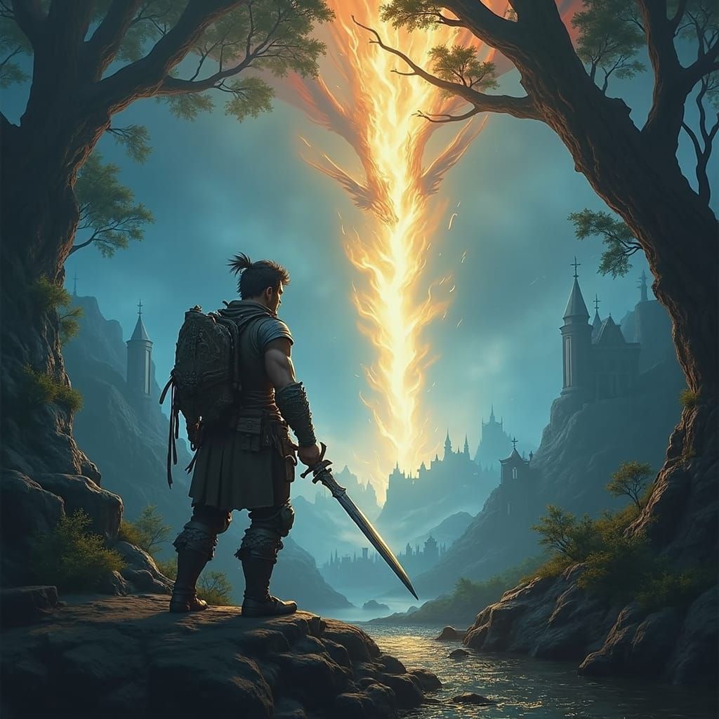 Adventurer's Battle with Red Dragon in Fantasy Landscape