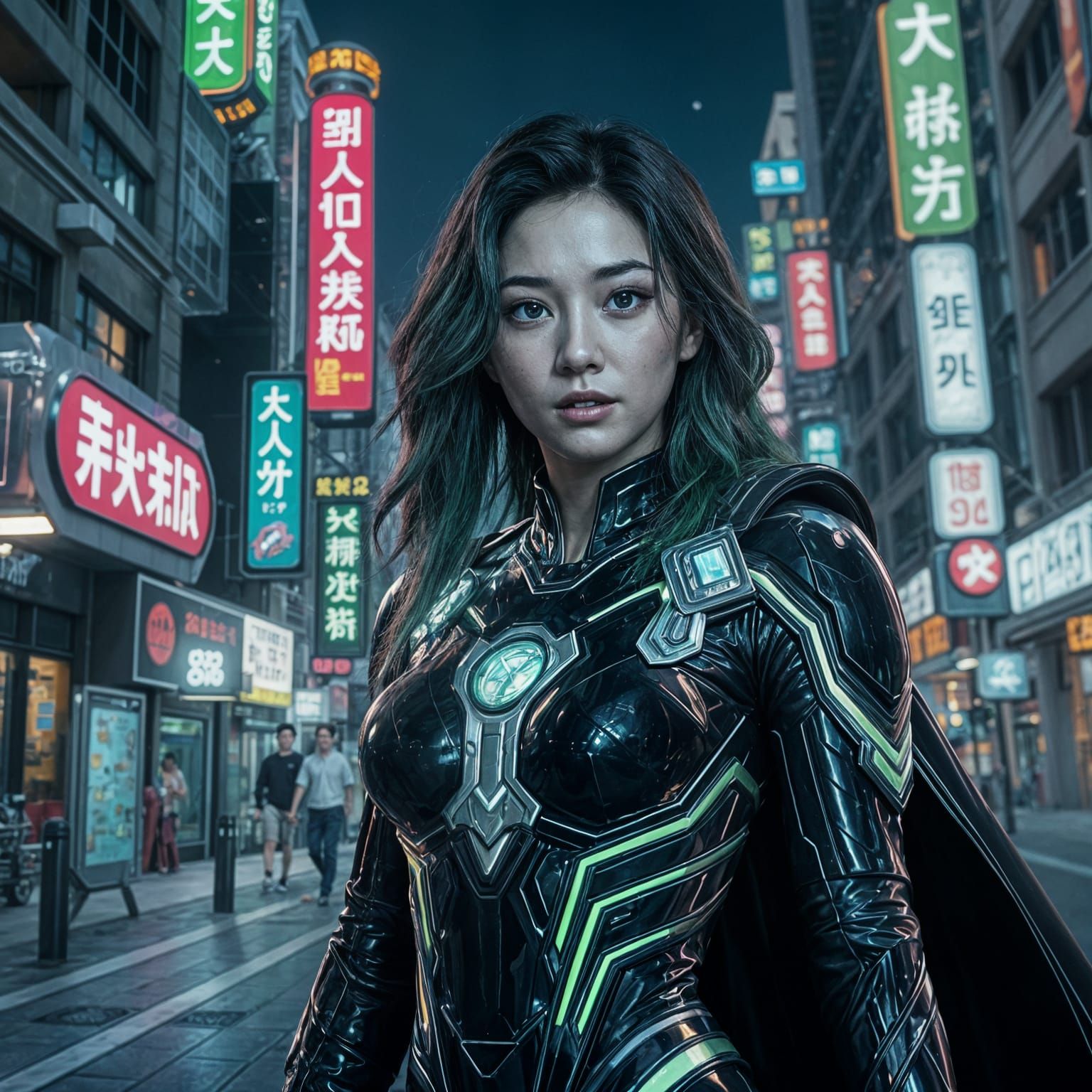 Korean Superhero in Futuristic Black and Green Suit