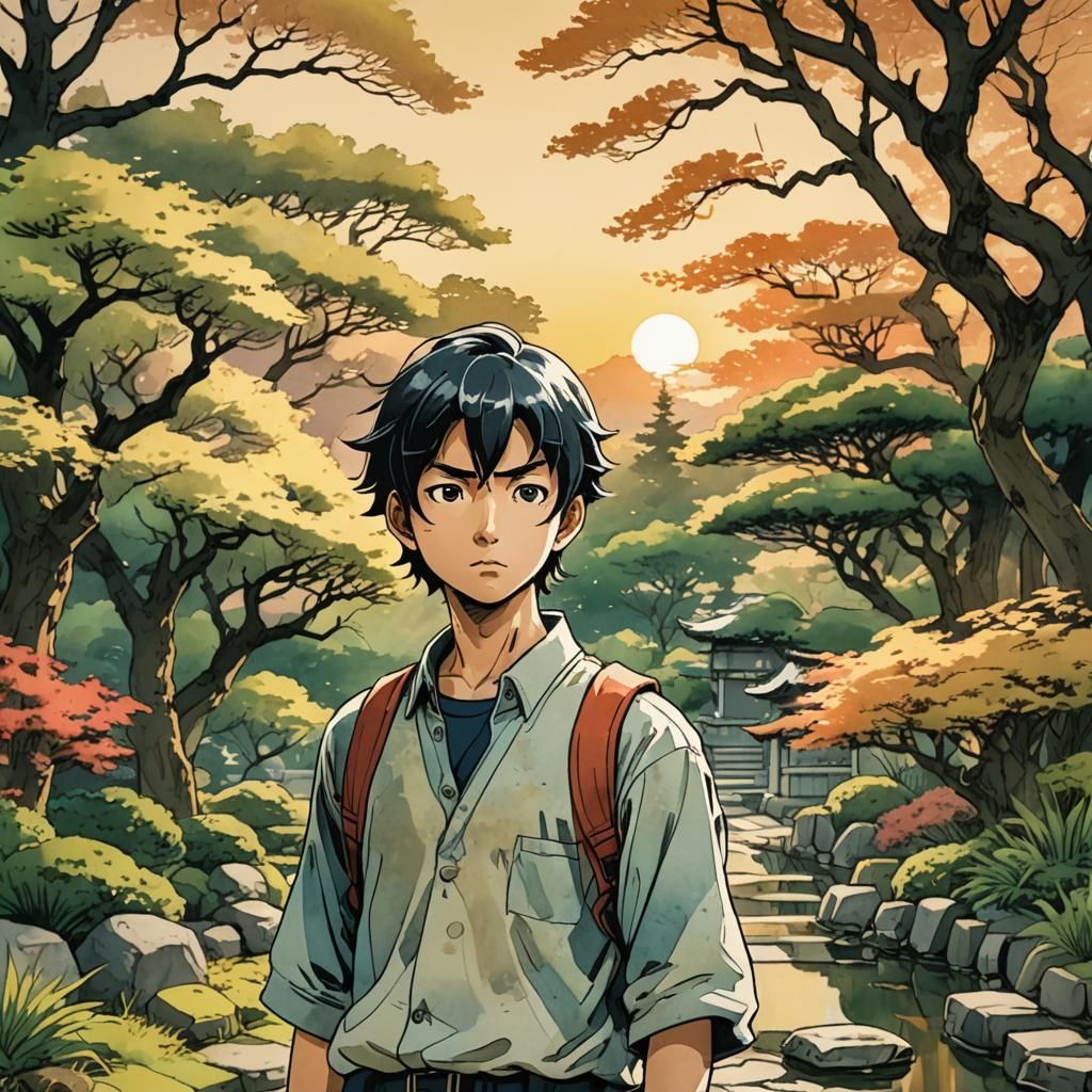 Manga Aspirant in Japanese Garden at Sunset