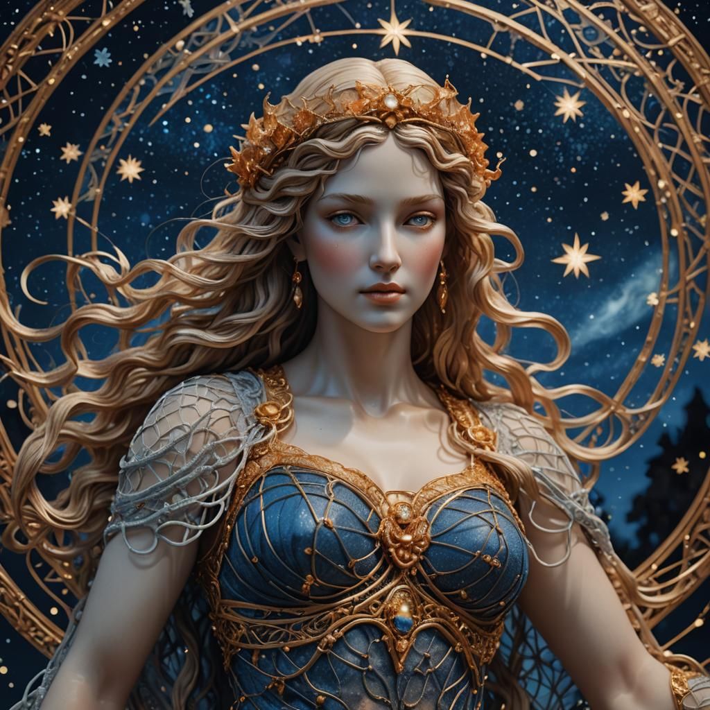 Intricate Wire Goddess Under Ethereal Night Sky