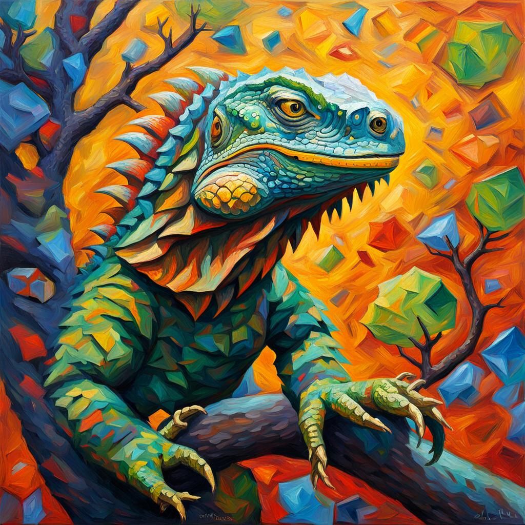 Viking Iguana Plunders Gold: Neo-Impressionist Oil Painting