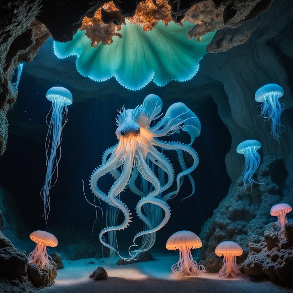 Underwater Squid Dragon in Bioluminescent Cave