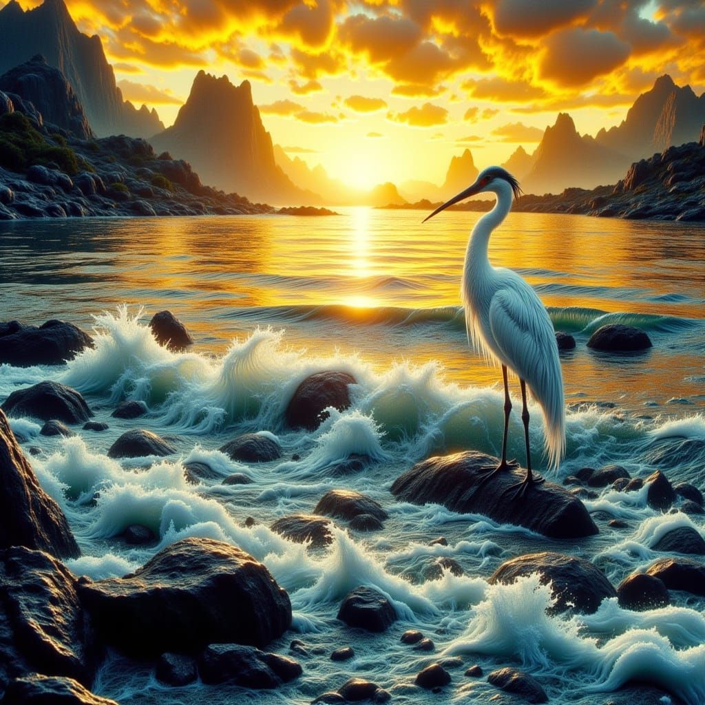 White Crane at Sunset in Alcohol-Ink Style