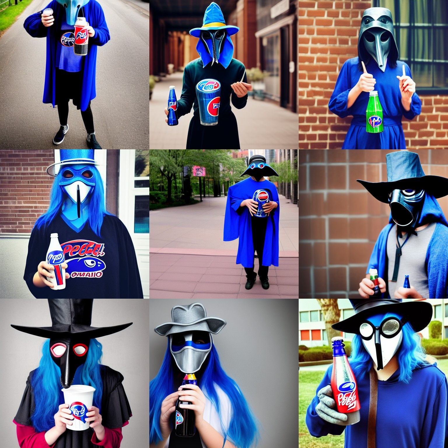 Blue-Haired Teen with Plague Doctor Mask and Pepsi