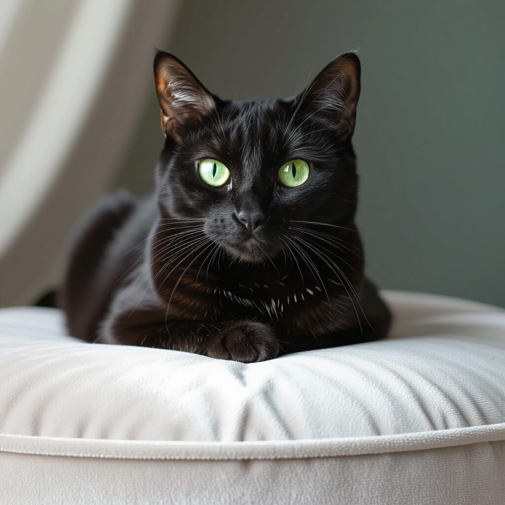Black Cat with Emerald Eyes on Velvet Cushion