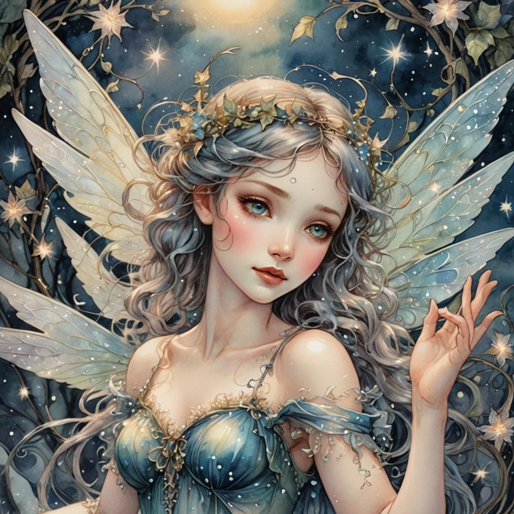 Ethereal Fairy Among Starry Vines in Watercolor Style