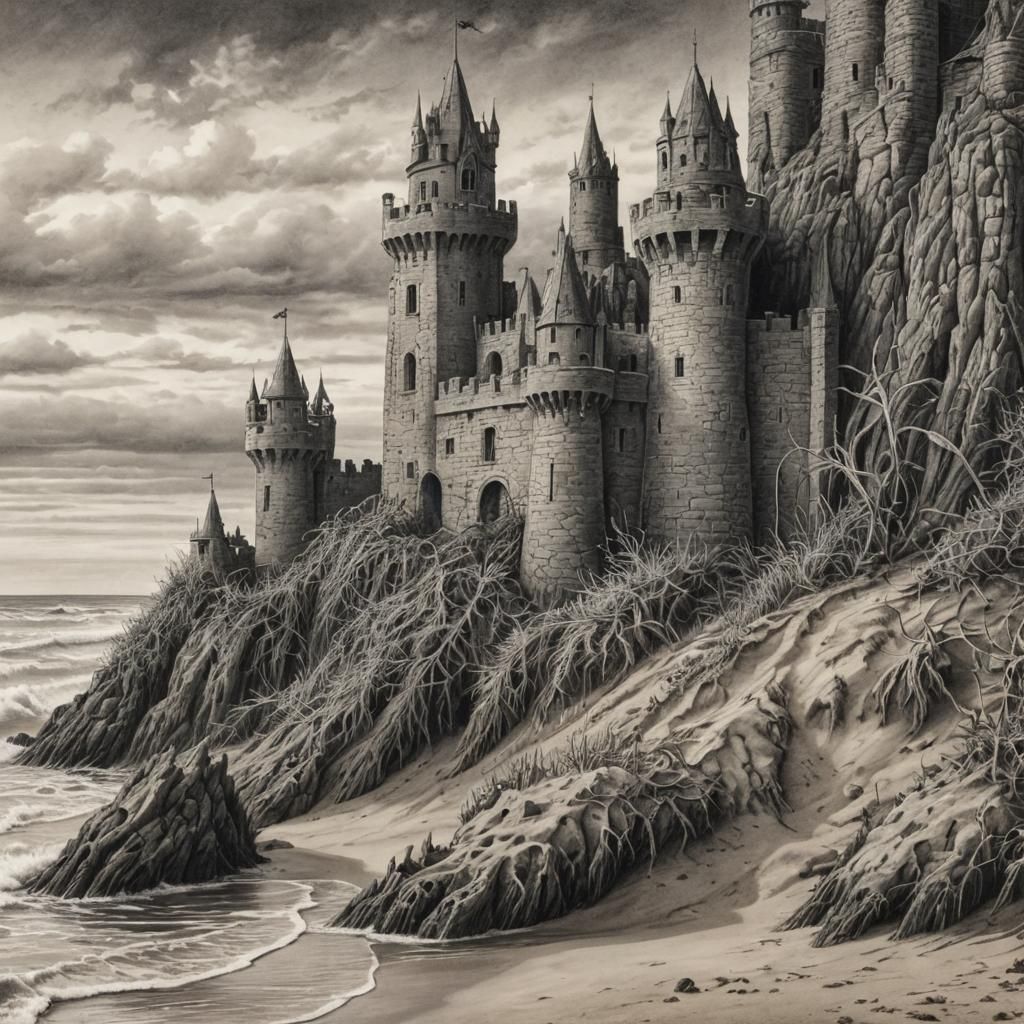 Weathered Sand Castle: Detailed Charcoal Drawing