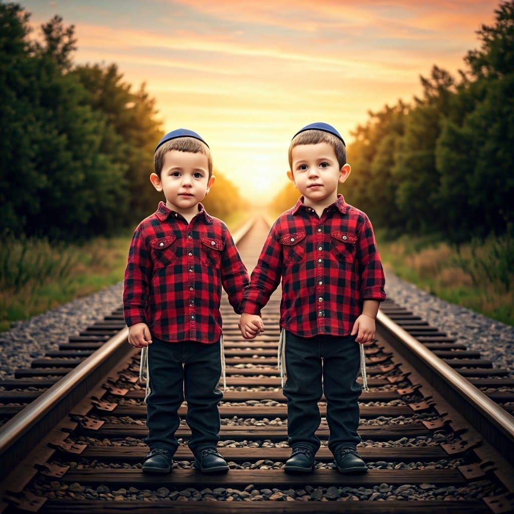 Haredi Twin Boys Stand Against Railroad Tracks in a Vibrant....