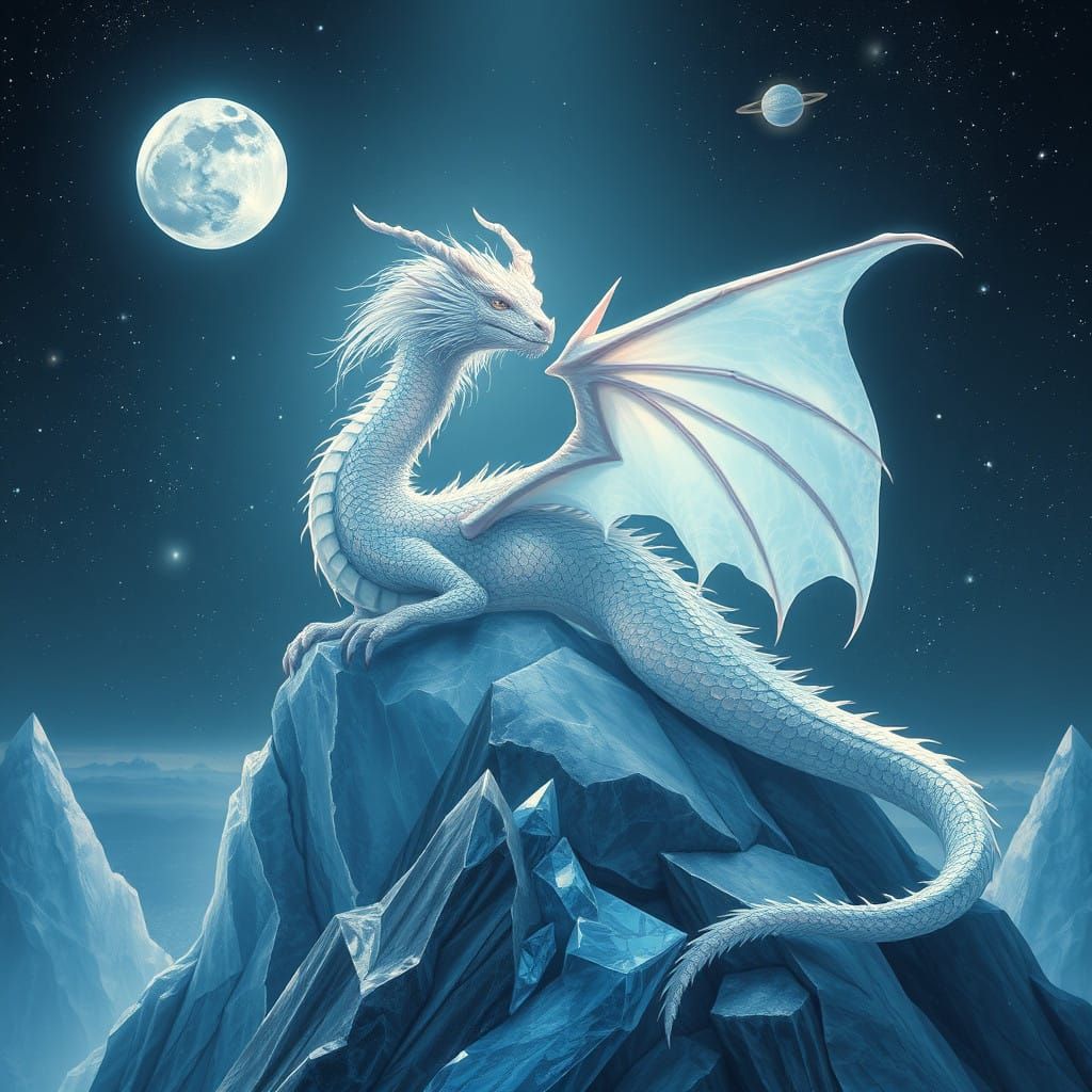 Dragon on Crystal Mountain in Ethereal Moonlight