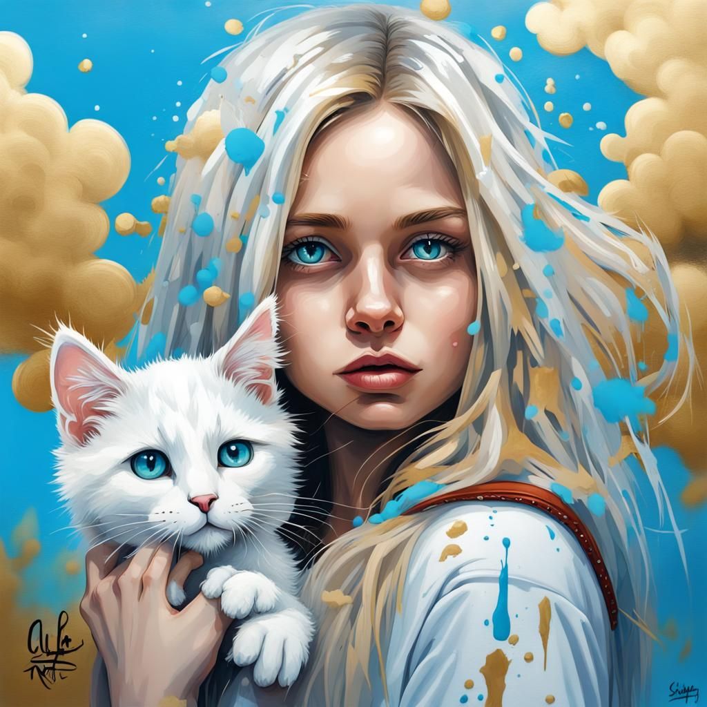 Girl with Kitten in Graffiti Splash Art Style