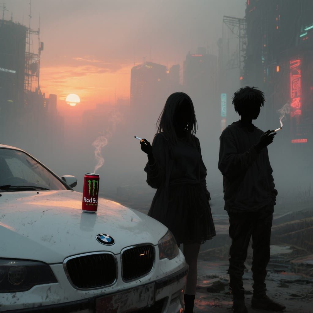 Dystopian Scene with Silhouettes and Energy Drinks