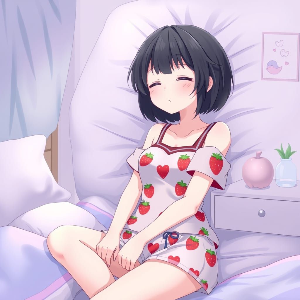 Anime Girl Sleeping in Strawberry Outfit at Night