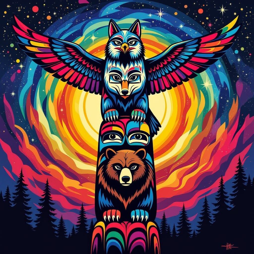 First Nations Totem Pole Art: Wolf, Bear, Eagle in Graffiti ...