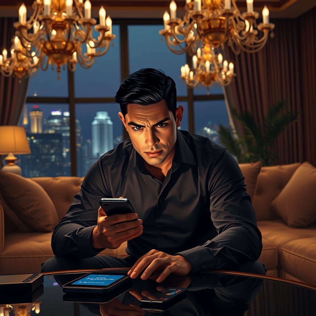 Tense Heir in Luxurious Cityscape