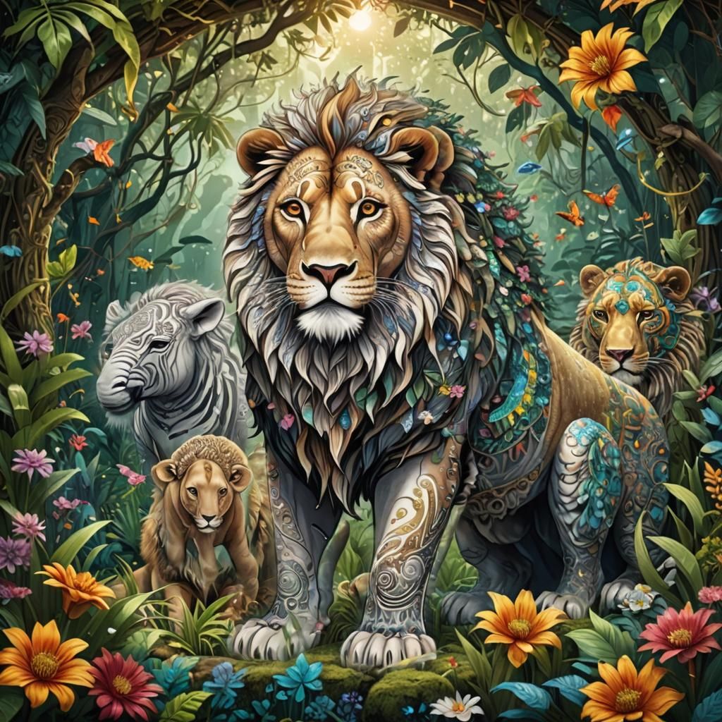Lions in Sparkling Jungle Filigree: Fantasy Matte Painting