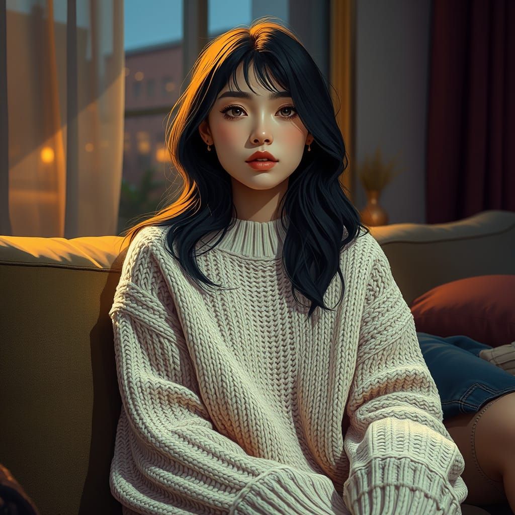 Woman in Cozy Jumper, Anime-Inspired Digital Art