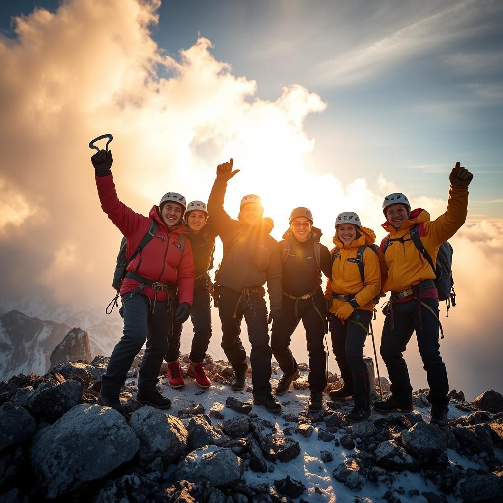Victorious Climbers Celebrate on Alpine Mountain Summit