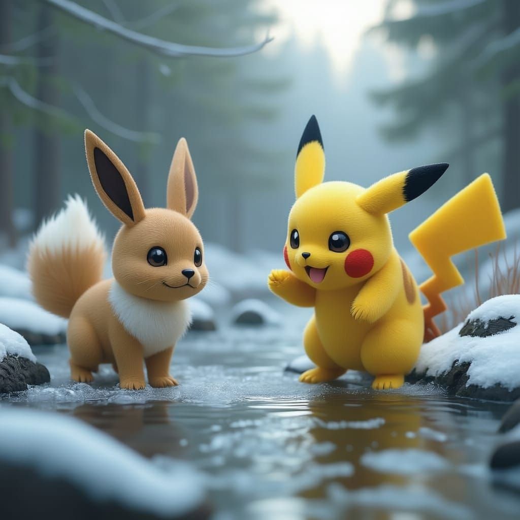 Pikachu and Eevee in Frozen Forest, Photorealistic 3D