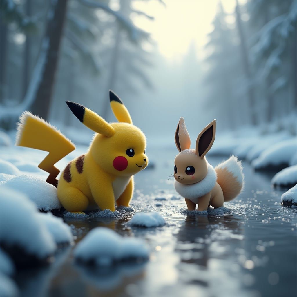 Pikachu and Eevee by Frozen River