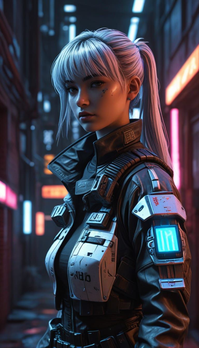 Ghost Girl Guards Neon Alleyway in Cyberpunk Manga