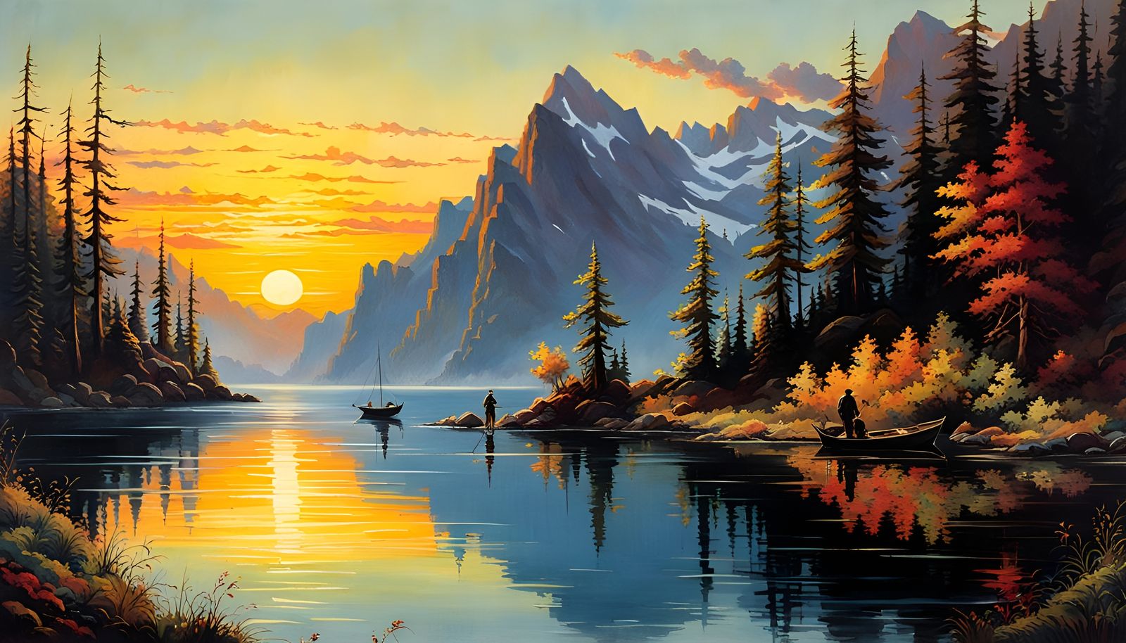 Fisherman at Sunrise on Mountain Lake: Folk Art Style