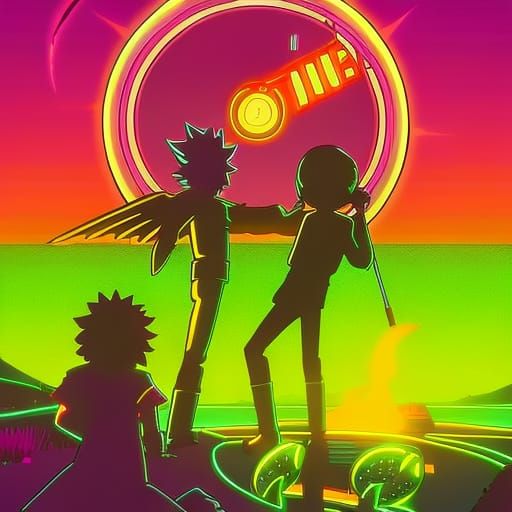 Angels Fight Rick and Morty in Synthwave Style