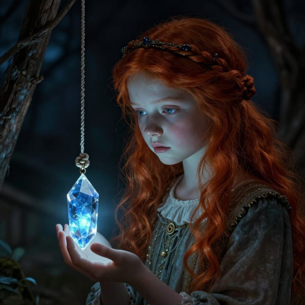 Girl With Fiery Hair And Glowing Crystal Pendant