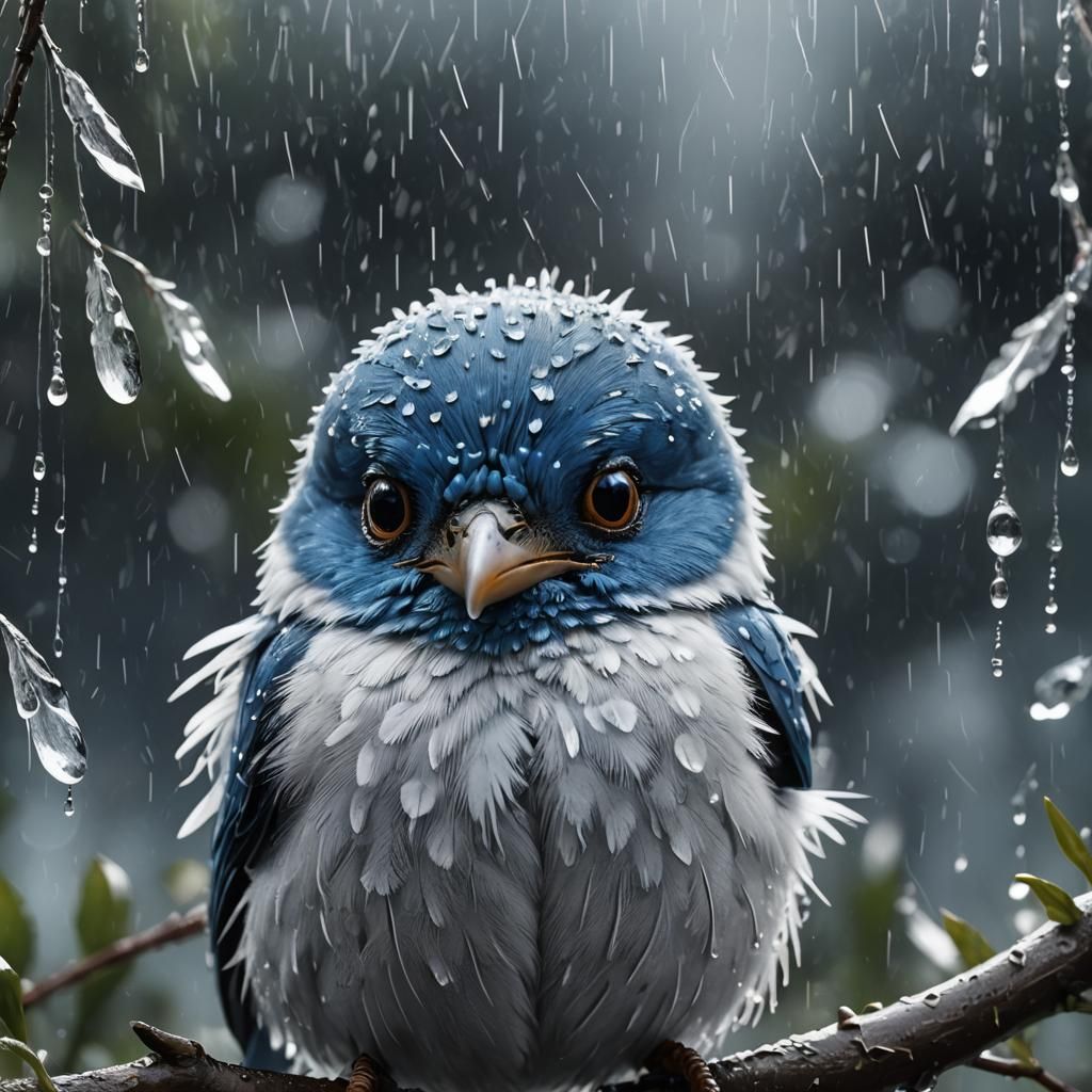 Cute Blue Bird with Raindrops: Detailed Matte Painting