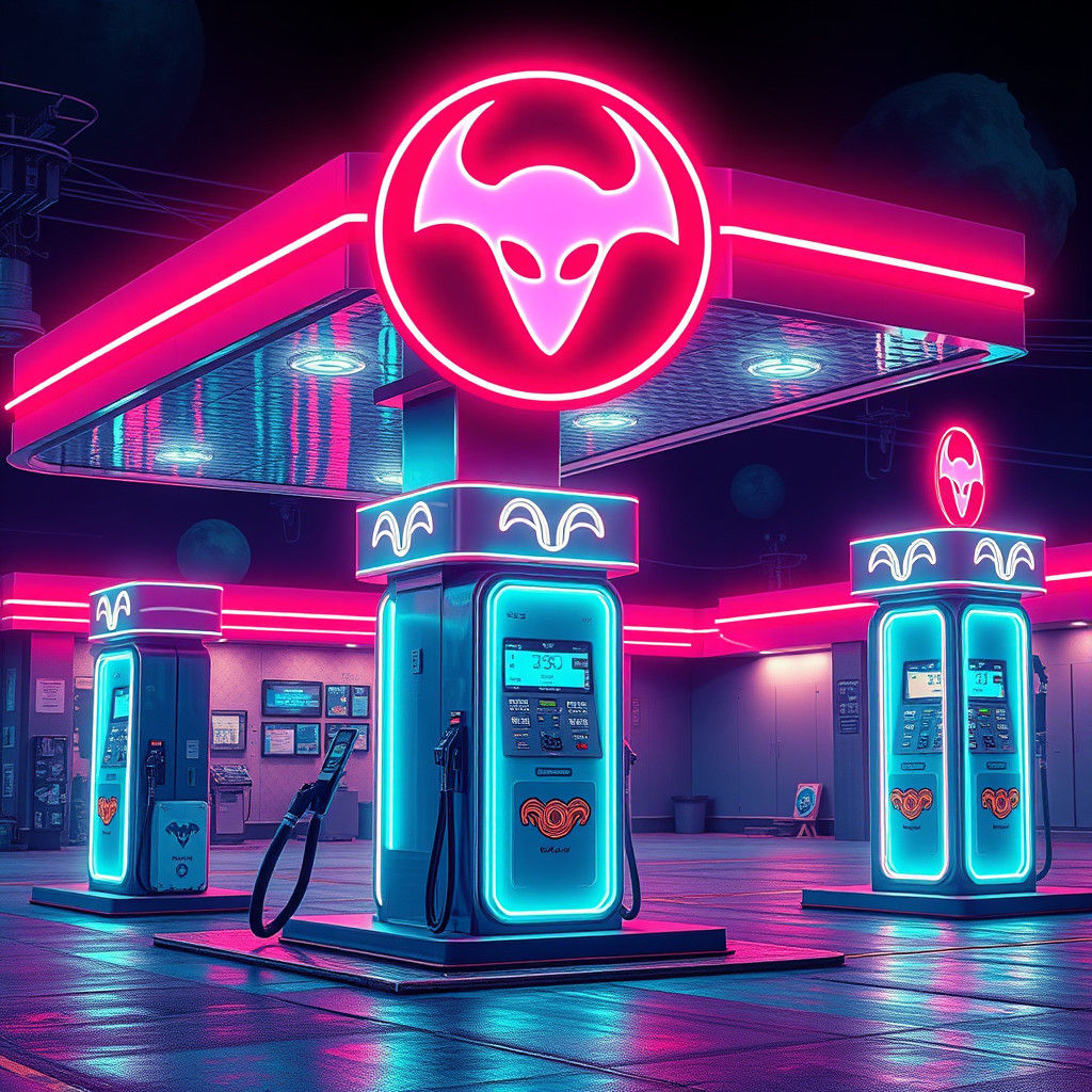 High-Tech Gas Station with Neon Alien Symbols