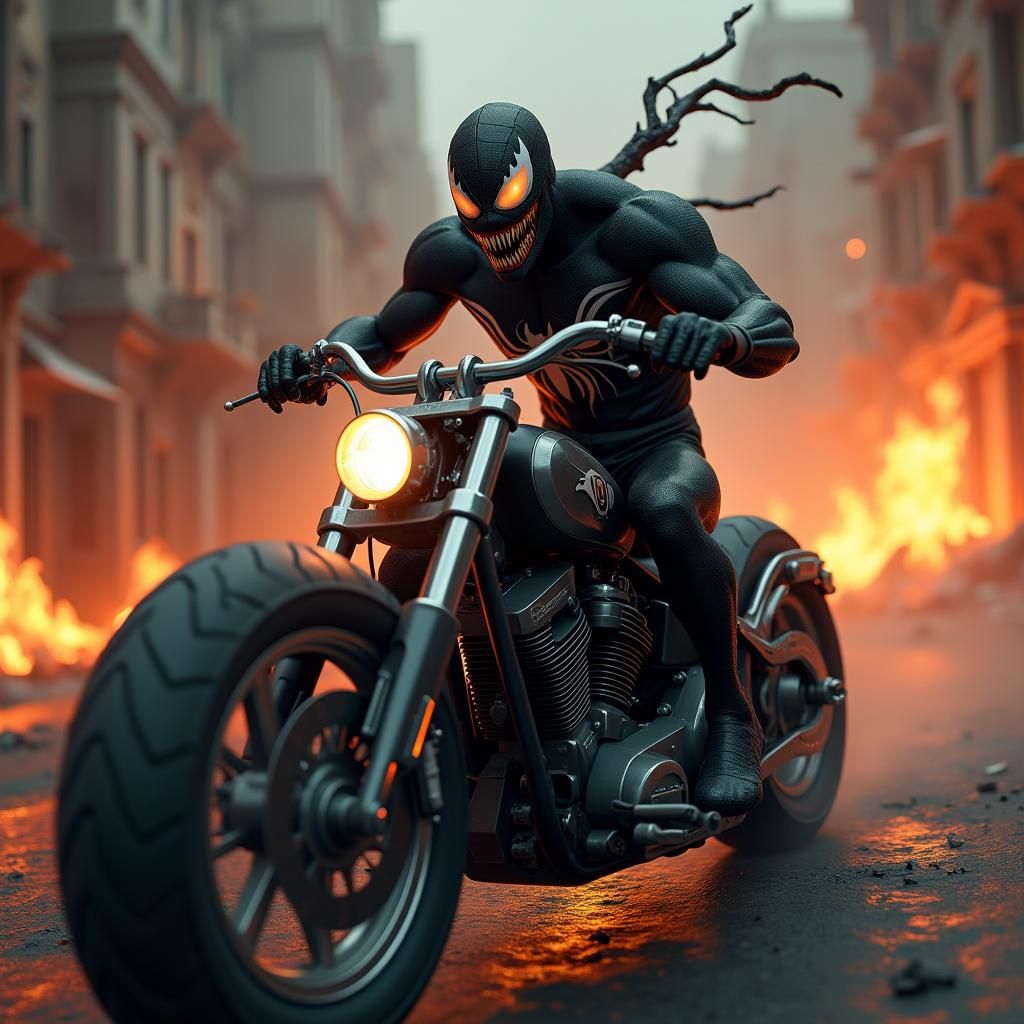 Scary Venom on Harley Motorcycle in Apocalyptic City