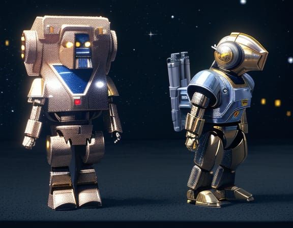 Golden Warrior Robot in Retro Futuristic Desert Landscape