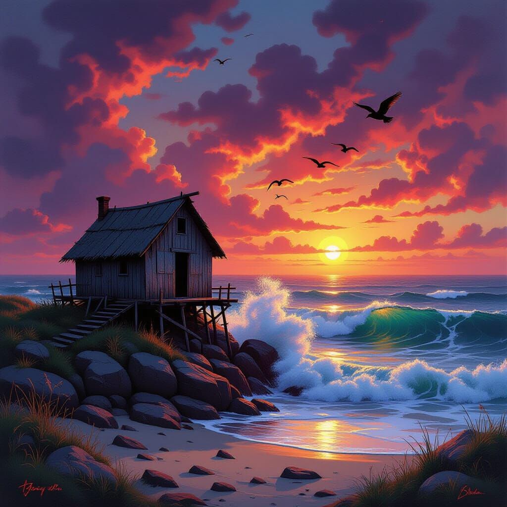 Surrealist Oil Painting of Fisherman's Hut at Sunset
