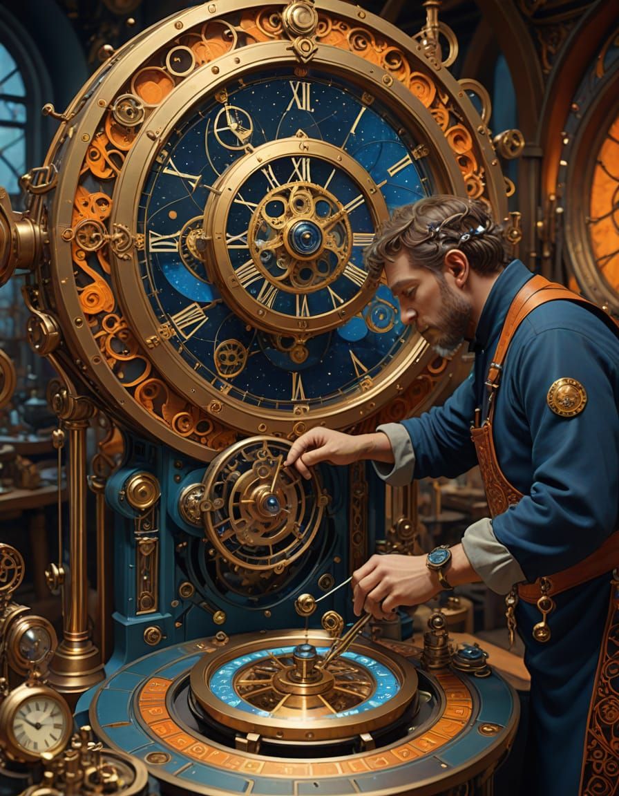 Celestial Clockmaker Crafting Galaxies in Art Nouveau Style