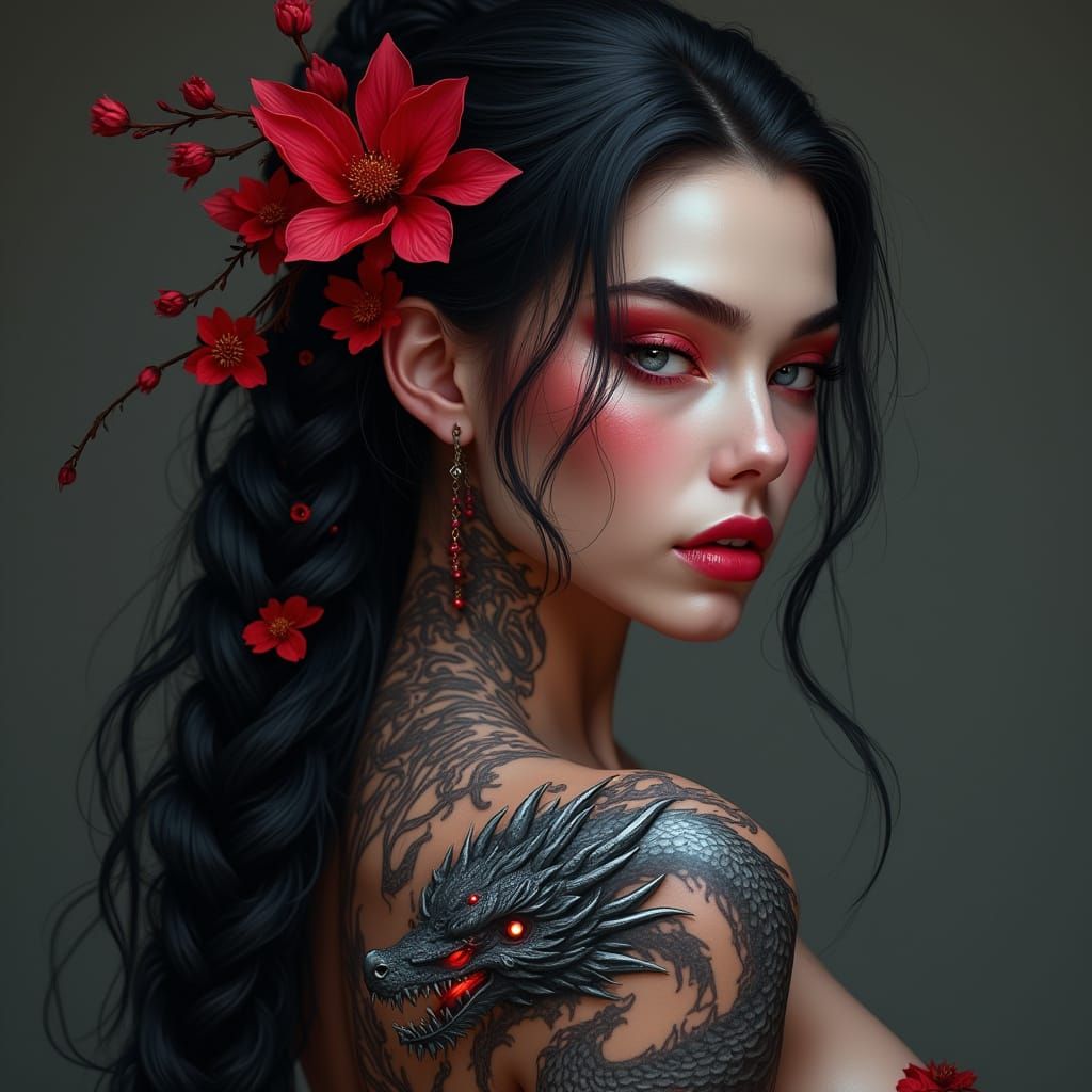 Woman with Dragon Tattoo in Digital Fantasy Art
