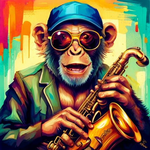 Chimpanzee Rockstar Plays Saxophone in Digital Art